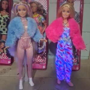 Barbie Dolls with Blue and Pink Furry Jackets